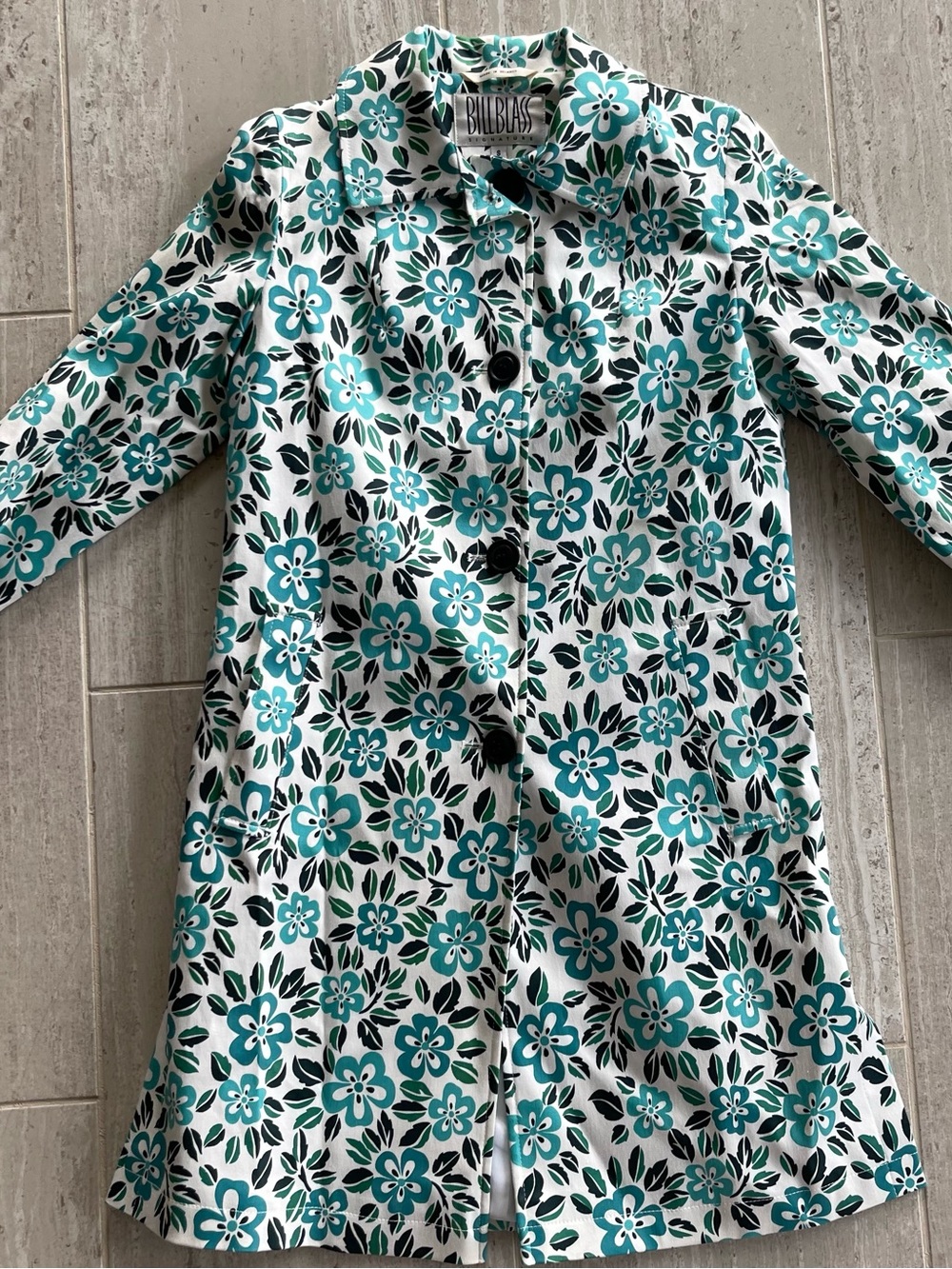 Bill Blass Signature Women Blue Floral Print Button Front Trench Coat Size S